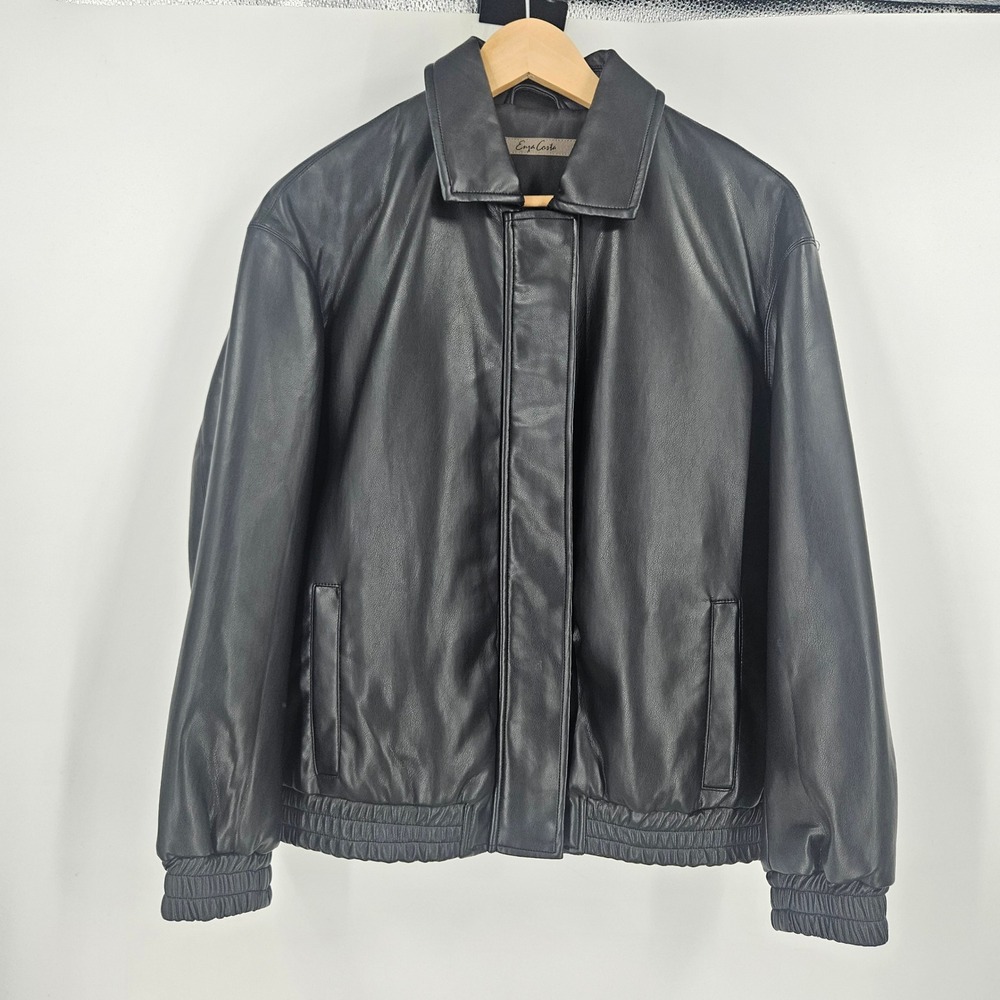 Enza Costa Vegan Leather Bomber Coat Jacket Black Elastic Waist Minimalist Sz 0 - Picture 2 of 10